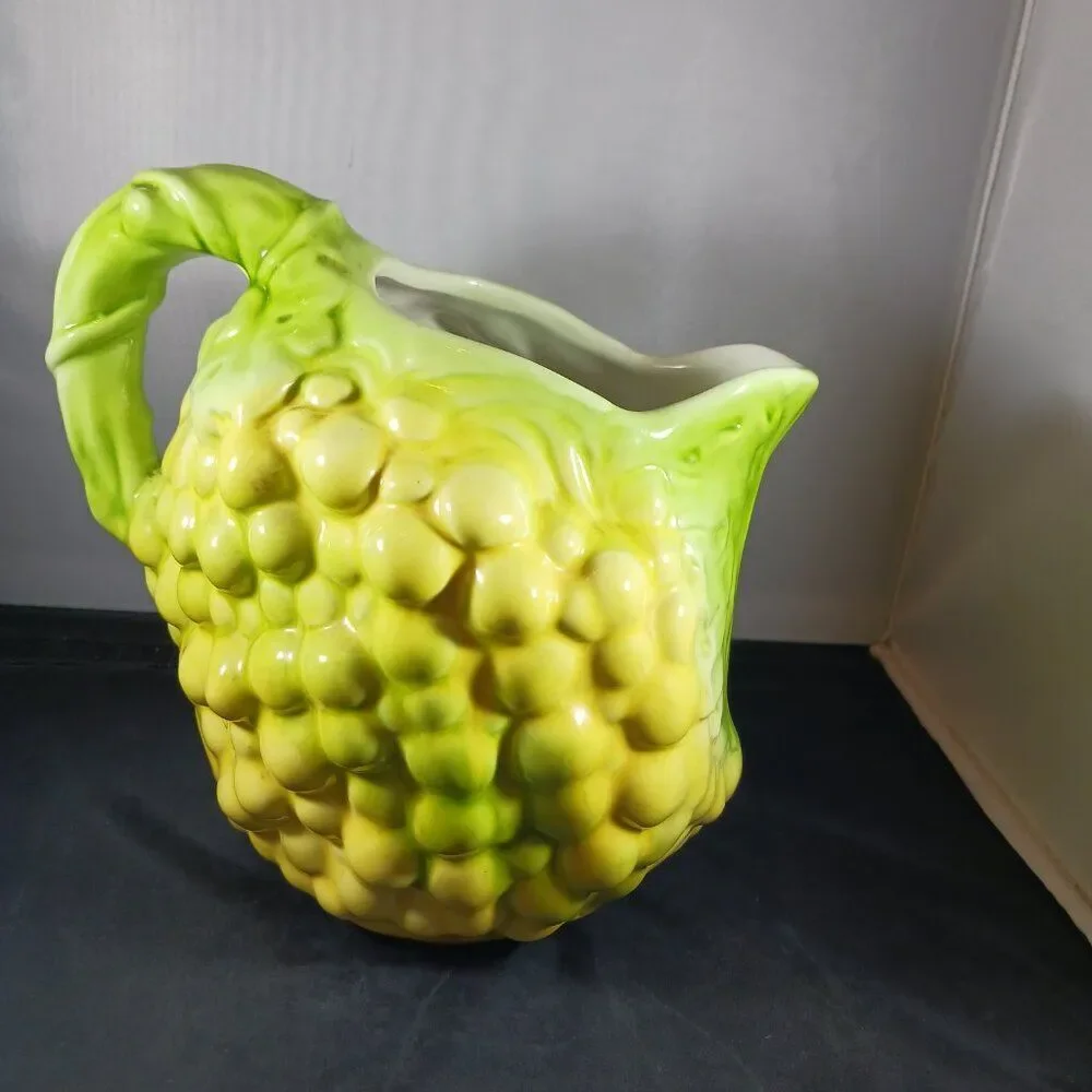 Vintage  Majolica Style Yellow and Green Ceramic Grape Pitcher